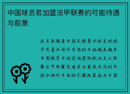 中国球员若加盟法甲联赛的可能待遇与前景