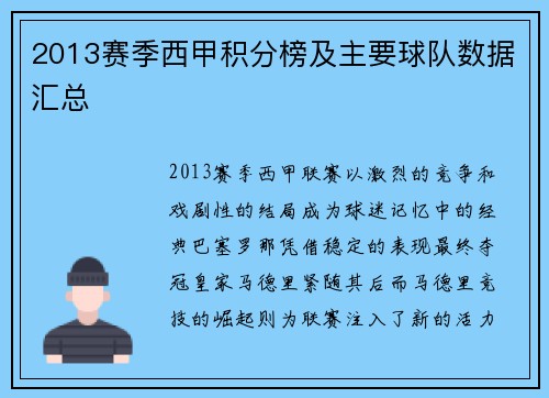 2013赛季西甲积分榜及主要球队数据汇总