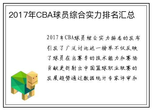 2017年CBA球员综合实力排名汇总