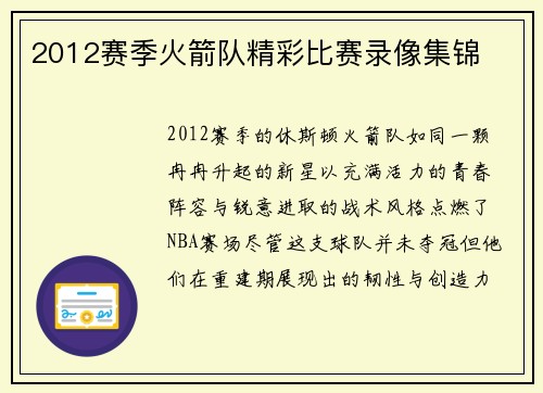 2012赛季火箭队精彩比赛录像集锦
